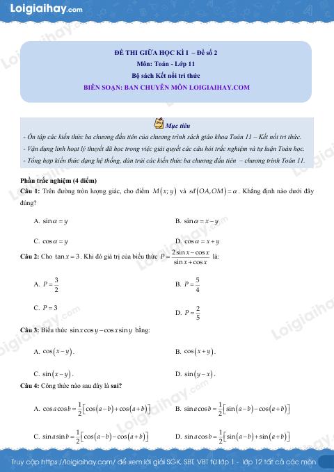 Đề thi giữa kì 1 Toán 11 Kết nối tri thức - Đề số 2